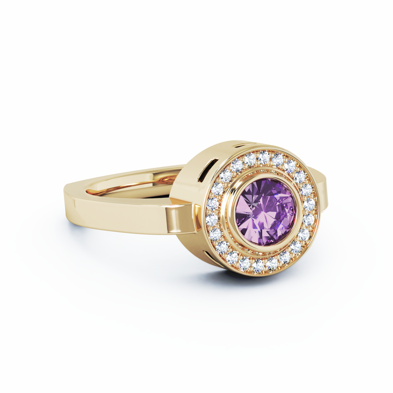 Mystere Halo Diamond Cremation Ring - 18K Yellow Gold - Amethyst