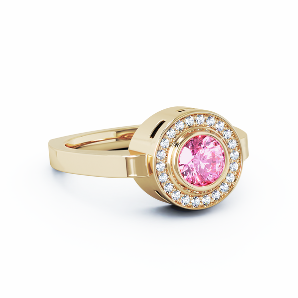 Mystere Halo Diamond Cremation Ring - 18K Yellow Gold - Pink Sapphire