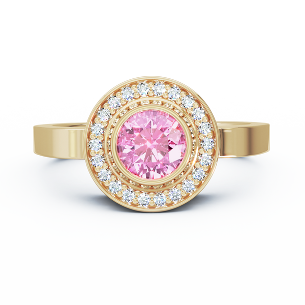 Mystere Halo Diamond Cremation Ring - 18K Yellow Gold - Pink Sapphire